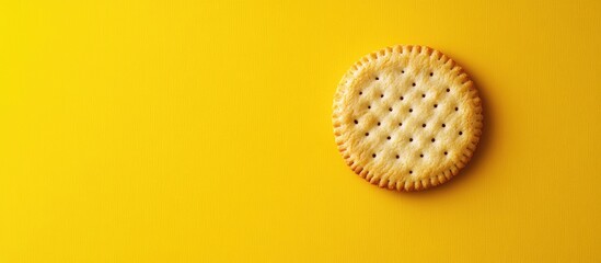 Solitary cracker cookie on vibrant yellow backdrop with sharp contrast, positioned right side, highlighting texture and golden color.