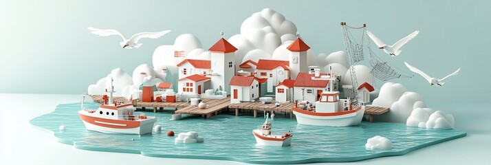 Idyllic coastal village with boats and seagulls.