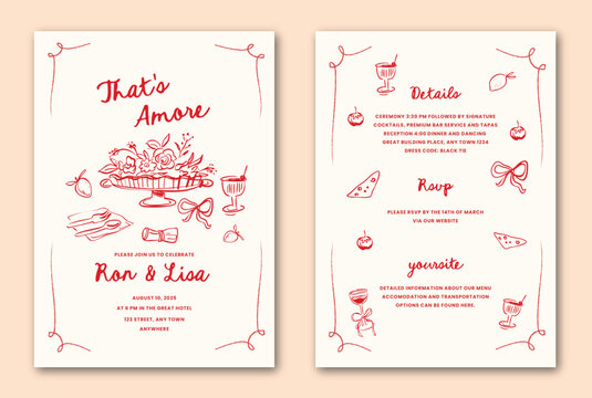 La dolce vita hand drawn whimsical doodle wedding invitation template