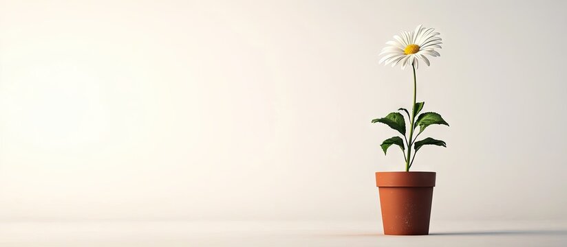 Potted daisy flower with white petals and green leaves in a terracotta pot positioned centrally against a soft white background showcasing simplicity