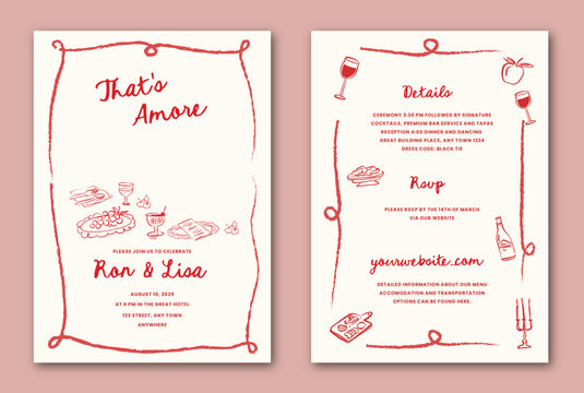 La dolce vita hand drawn whimsical doodle wedding invitation template