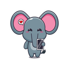 Cute elephant with mobile phone cartoon vector illustration