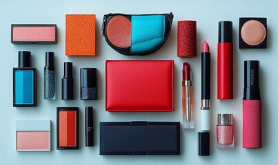 Colorful Makeup Collection Flatlay On Light Background