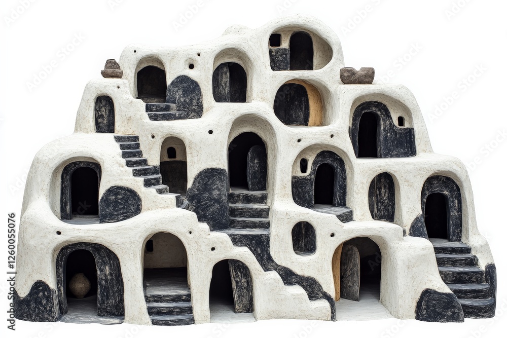 Poster Artistic representation of a multi-level cave dwelling with unique textures and patterns