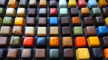 A vibrant assortment of chocolate squares arranged neatly, showcasing a variety of colors and textures, appealing to chocolate lovers