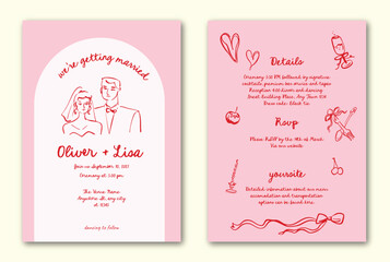La dolce vita hand drawn whimsical doodle wedding invitation template