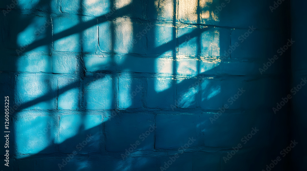 Poster a blue wall casts shadows through a barred window, creating a contrast of light and dark, evoking a 