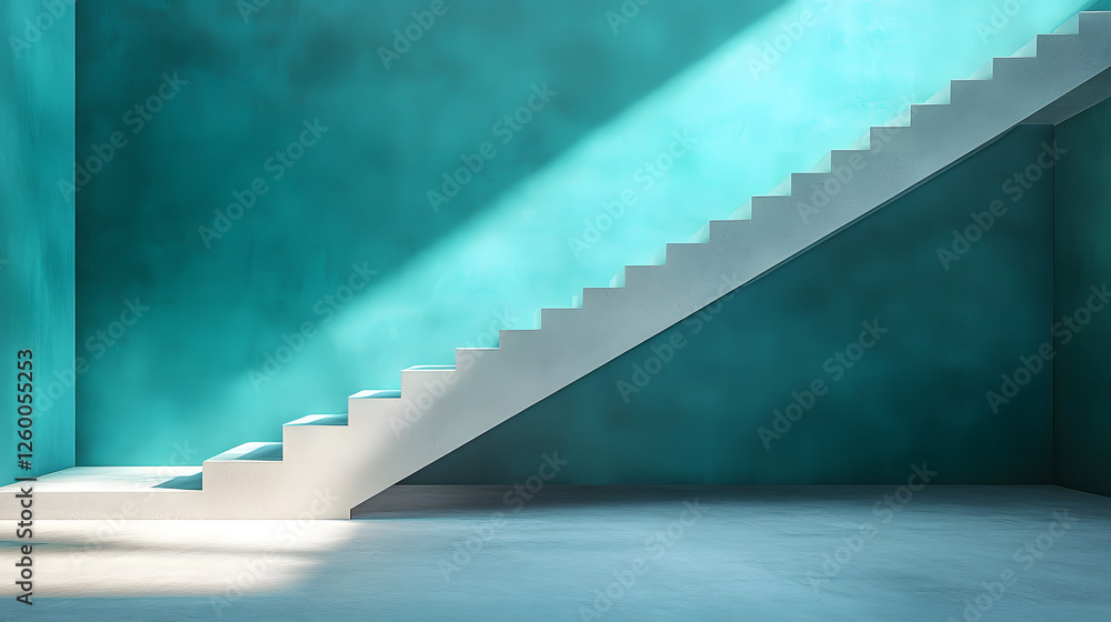 Poster a modern staircase ascends against a vibrant teal wall, illuminated by soft light, creating a minima