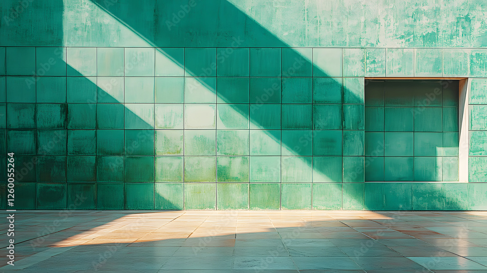 Poster a minimalistic teal wall with a shadowed area and an inset doorway, creating a modern and geometric 