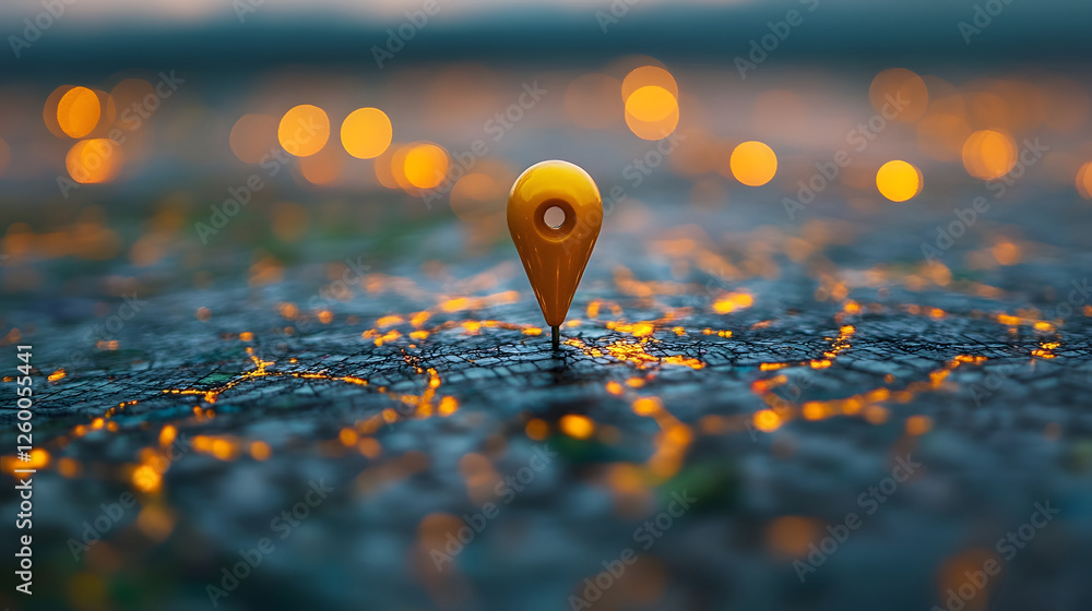 Aufkleber a vibrant yellow location pin stands out against a blurred, illuminated background, symbolizing navi