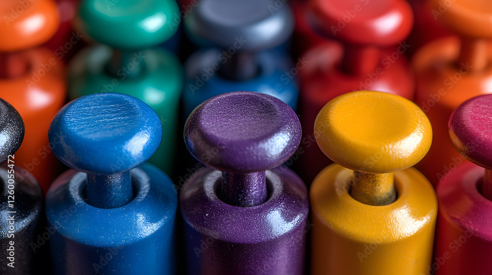Poster a vibrant array of colored wooden pegs arranged in a row, showcasing a variety of hues and a playful