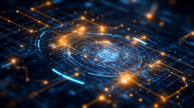 Abstract digital network technology background with glowing lines and nodes.