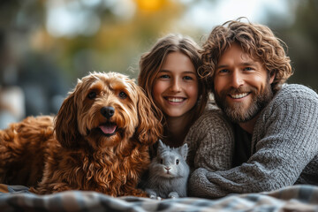 A family gathered on a picnic blanket, looking at the camera surrounded by their pets (dog and rabbit), celebrating National Pet Day, soft light and warm atmosphere.