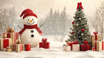 Fototapeta premium christmas and new year background with snowman fir tree and gifts
