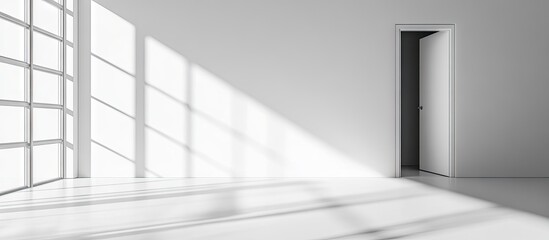 Fototapeta premium Minimalist interior design featuring a large window casting shadows and an open door, with light gray walls and ample natural light flooding the space.