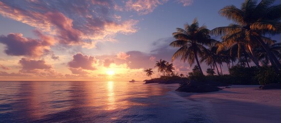 Tropical beach sunset with vibrant pink and purple skies, silhouetted palm trees on the right, and calm reflective waters on the left.