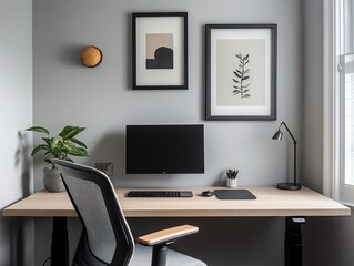 Fototapeta premium Minimalist home office setup with desk, chair, computer, and artwork.