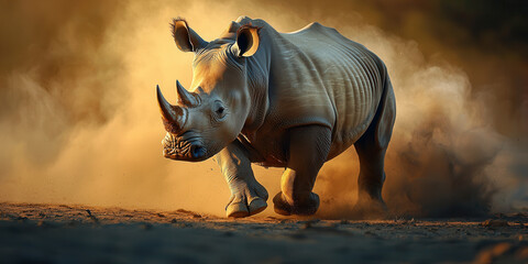 Fototapeta premium rhinoceros running across dusty savanna, showcasing strength and grace. scene captures beauty of wildlife in its natural habitat