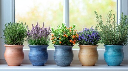 Fototapeta premium Colorful flower pots with lush plants arranged neatly on a bright windowsill