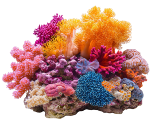 Vibrant coral reef with colorful corals and marine life, showcasing variety of textures and hues. This underwater ecosystem is essential for marine biodiversity
