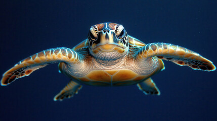 sea turtle gliding gracefully through deep blue waters, showcasing its vibrant shell and intricate patterns