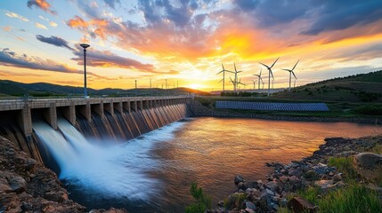 Hydroelectric dam sunset, wind turbines, solar panels, renewable energy