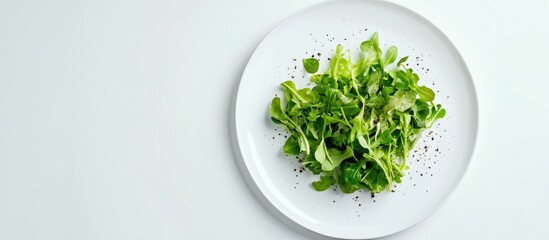 Fototapeta premium Vibrant green salad on a white plate showcasing fresh greens arranged artistically against a clean white backdrop for a refreshing look