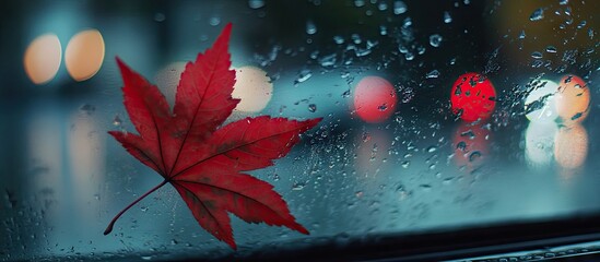 Vibrant red maple leaf resting on a wet car window with raindrops and blurred colorful traffic lights in the background showcasing autumn ambiance