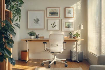Fototapeta premium Sunlit home office with minimalist decor, wooden desk, white chair, plants, and framed art.