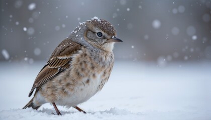 Close-up of a bird standing in the snow during a winter snowfall
