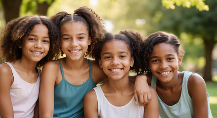 a group of three to five tween girls, aged around 11-14, with diverse skin tones and hairstyles, posing together in a relaxed and natural