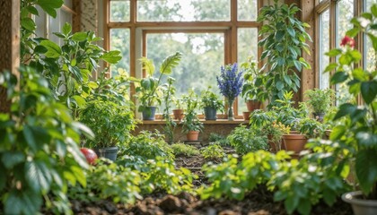 Lush indoor garden with vibrant plants and natural light streaming through windows