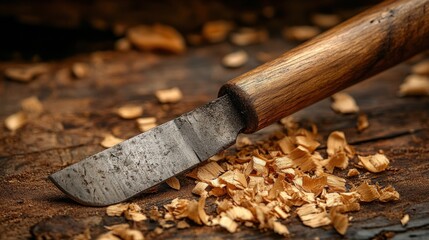 Sharp wooden chisel on unfinished timber with wood shavings scattered around