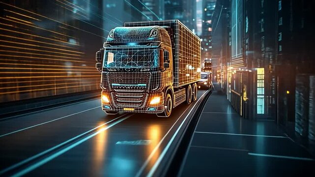 Urban Transport: A futuristic semi-truck navigates a glowing cityscape, its digital form seamlessly integrated with the advanced infrastructure, showcasing innovation in logistics and transport.