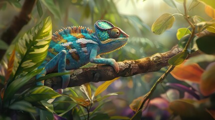 A chameleon resting on a branch, its colorful body blending with the surrounding leaves, set against a blurred tropical backdrop.