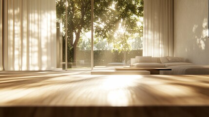 Fototapeta premium Sunlit wooden table in modern living room with garden view.