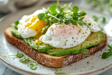 Avocado toast, poached eggs, microgreens, kitchen, breakfast
