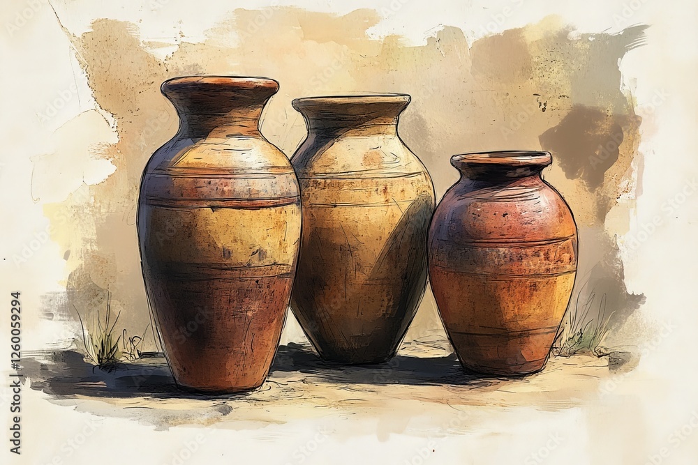 Poster handmade pottery jars displayed under soft sunlight on a textured background revealing craftsmanship