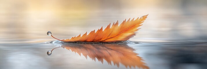 Single orange leaf floats on calm water, reflecting perfectly, with dew drops.