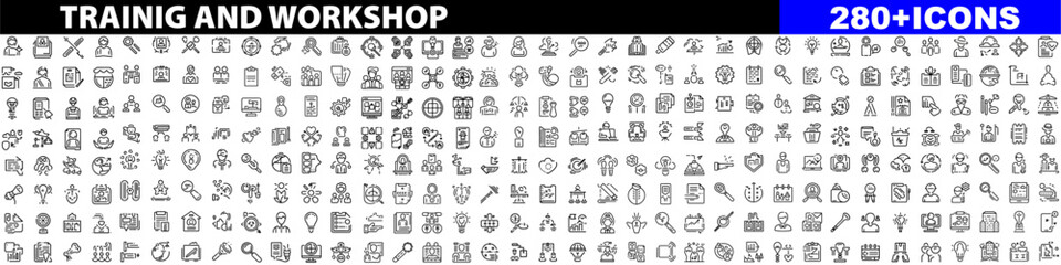 training and workshop line icons collection. thin outline icons pack. ui icon collection. set of line web pictogram