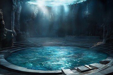 Dramatic theater stage with giant ocean waves crashing in a surreal artistic display
