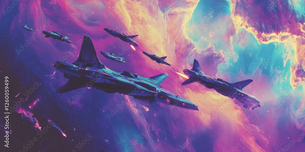Poster spaceships are flying through a colorful nebula in deep space