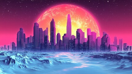 Fototapeta premium Futuristic cityscape with planet rising over a blue landscape