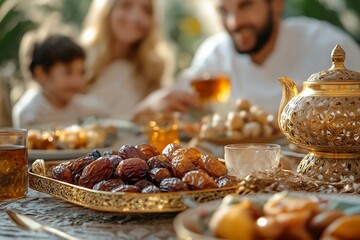 A warm family gathering with a table full of golden trays, sweet dates, and traditional tea service