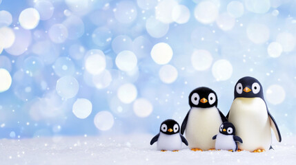 Obraz premium Cute penguin family standing together on snowy background with soft bokeh lights