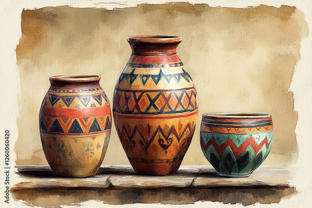 Poster colorful traditional pottery displayed on a rustic surface with intricate designs and patterns