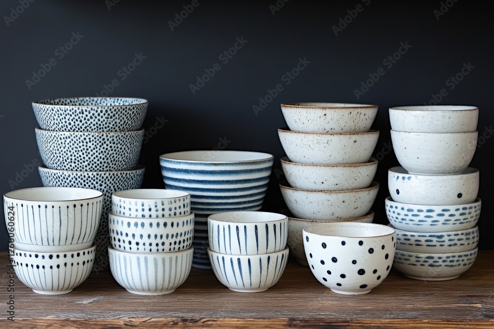 Poster collection of handcrafted pottery bowls arranged on a wooden shelf showcasing various patterns and t