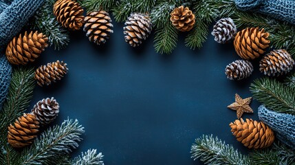 Obraz premium christmas background with fir branches cones and snowflakes top view with copy space