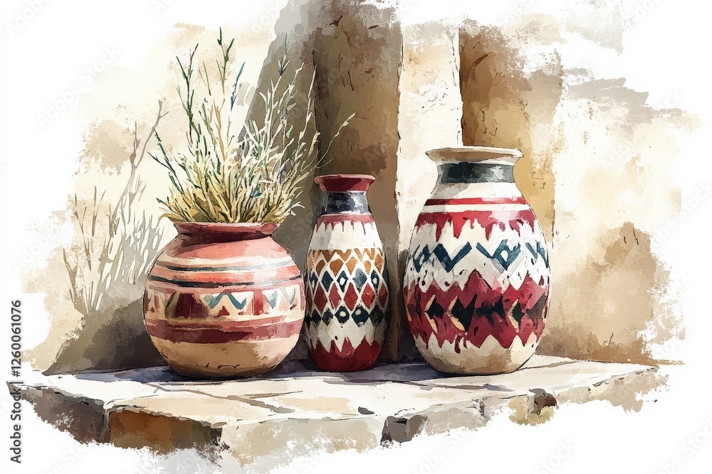 Aufkleber decorative pottery with intricate patterns displayed on a stone ledge in a sunlit, rustic setting