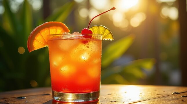 Refreshing Grenadian rum punch served over ice at sunset